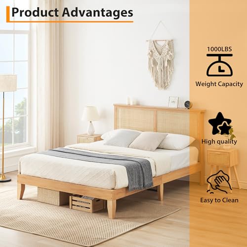 GAOMON Full Size Wood Bed Frame with LED Light and Rattan Headboard