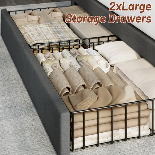 King Size Bed Frame with 4 Storage Drawers and Headboard & Dark Grey