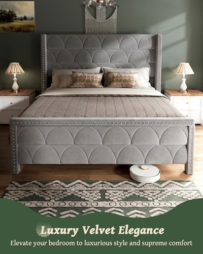 King Size Bed Frame with 56" Headboard - Velvet Upholstered Wingback Platform Bed Frame, Noise Free, Sturdy Wooden Slat Support (Deep Gray, King)