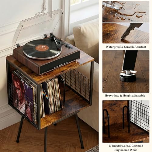 Record Player Stand with Storage Holds 100+ Vinyl Records, Industrial Turntable Stand with Storage Shelf, LP Album Organizer Cabinet for Small Spaces,Rustic End Table