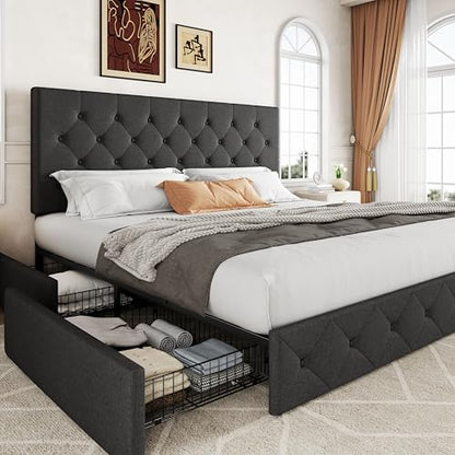 Upholstered King Size Platform Bed Frame with 4 Storage Drawers and Headboard, Diamond Stitched Button Tufted, Mattress Foundation with Wooden Slats Support, No Box Spring Needed, Dark Grey