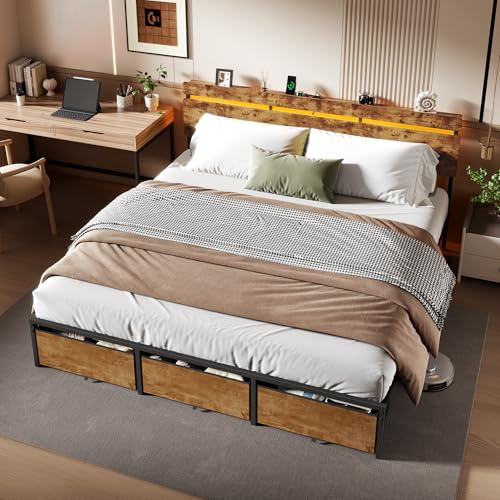 King Size Bed Frame with Wood Headboard,3 Storage Drawers & Shelf