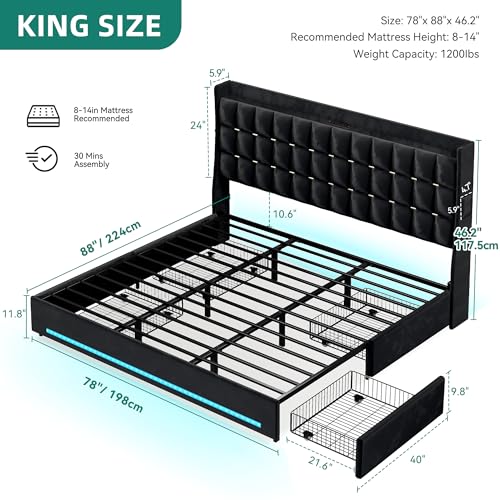 King Size Bed Frame, 4 Drawers and RGB LED Light,Charging Station