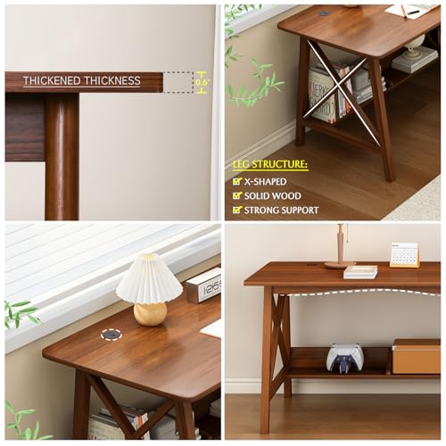 NELYE Extra Long Desk with Bookshelf - Wooden Home Office Work Study Table, Writing Computer Workstation with Storage Shelf in Wanut, 47" Wx16 Dx30 H