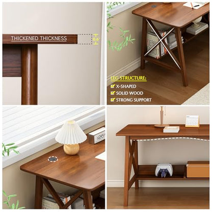 NELYE Extra Long Desk with Bookshelf - Wooden Home Office Work Study Table, Writing Computer Workstation with Storage Shelf in Wanut, 47" Wx16 Dx30 H