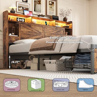 King Size Bed Frames with Storage Headboard and 4 Drawers, Farmhouse Platform Bed Frame with Charging Station & LED Lights, Metal Slats Support, Noise Free, No Box Spring Needed, Rustic Brown
