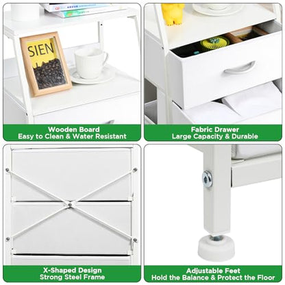 5 Drawers White Tall Fabric Dresser for Bedroom, Dorm Nightstand | Vertical Storage Tower Closet Organizer, Skinny Narrow Bedside Table for Entryway, Steel Frame, Wooden Top