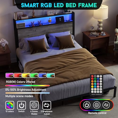 Queen Size Bed Frame with 2-Tier Storage Headboard, Rustic Grey | Wooden headboard with LED lights, built-in charging station, No Box Spring Needed, Noise Free, Easy Assembly, Modern Bedroom