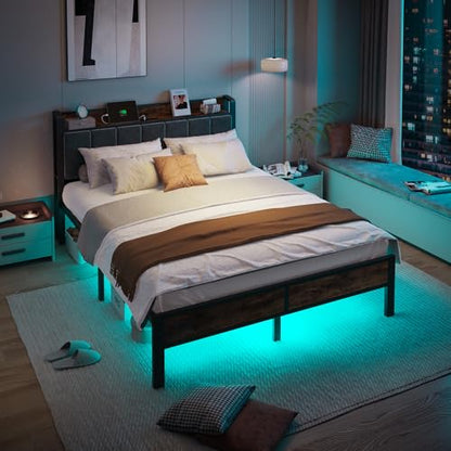 ALBERTO Queen Size Bed Frame with LED Lights, Upholstered Headboard with Storage and Charging Station, Metal Platform with Slats, No Box Spring Needed, Easy Assembly