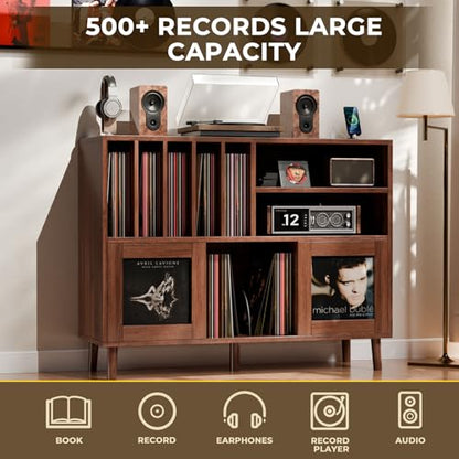 XL Record Player Stand with Sliding Doors,500+ Vinyl Record Storage Cabinet