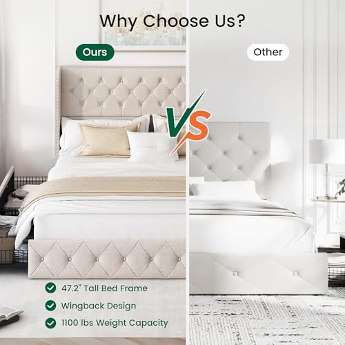 King Size Bed Frame with 4 Storage Drawers and 47.2" Tall Tufted Headboard Linen Upholstered Platform Bed Frame Wingback Beds with Wooden Slats Support, Easy Assembly, Beige