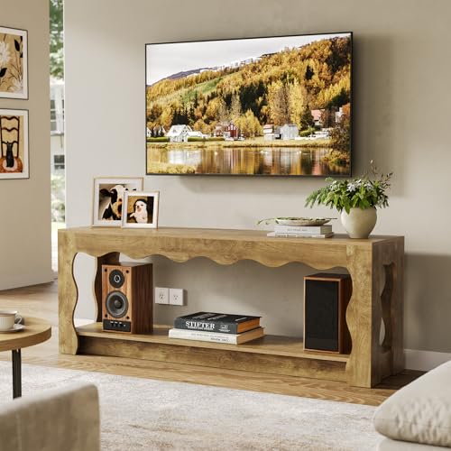 TV Stand for 65 Inch TV, Wooden Entertainment Center with Storage Cabinets, Farmhouse TV Media Console Table for Living Room, Bedroom, Open Shelf, Brown