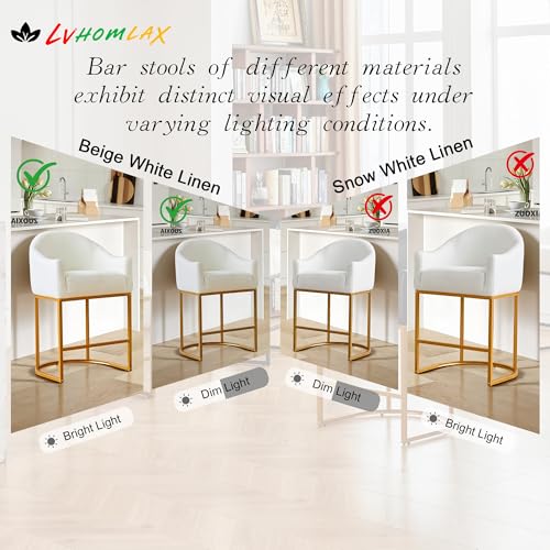 Counter Height Bar Stools Set of 2,Modern Counter Height Bar Stools,Fabric Upholstered Barrel Barstools with Backs,26'' Kitchen Island Chairs,Metal Gold Frames,Off White Linen