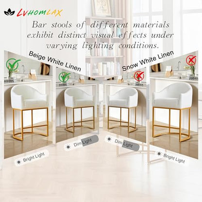 Counter Height Bar Stools Set of 2,Modern Counter Height Bar Stools,Fabric Upholstered Barrel Barstools with Backs,26'' Kitchen Island Chairs,Metal Gold Frames,Off White Linen