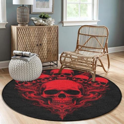 Men's Large Home Decor Mat, Soft Round Yoga Carpet, Non Slip Machine Washable Home Office Circle Rug Red Skull
