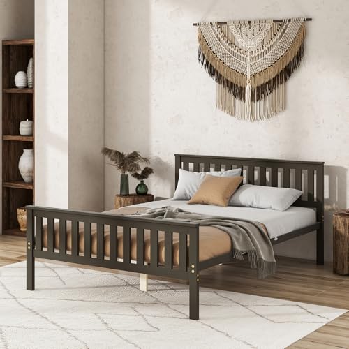 Full Size Wood Platform Bed Frame, Mid Century Full Bed Frame with Headboard, Wood Slat Support, Double Bed Frame, No Box Spring Needed, Easy Assembly, Espresso