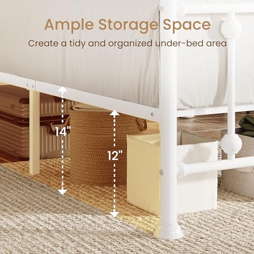 Queen Metal Bed Frame, Victorian Style Platform Bed with Curved Headboard and Classic Footboard, No Box Spring Needed, White