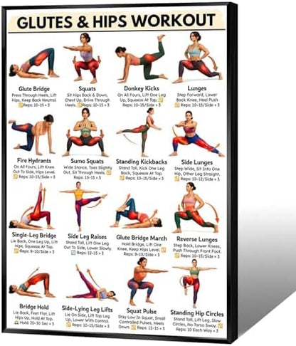 Glutes & Hips Workout Exercise Poster, 16 Illustrated Lower Body Training Moves Chart with Rep Ranges, Bodyweight Butt & Hip Tutor Guide for Home Gym Beginner Fitness Training and Glute Sculpting Reference(24x36inchs，Black Framed)