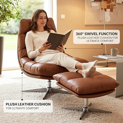 Brown Swivel Lounge Chair with Ottoman Modern PU Leather Accent Chair with Footrest 33'' Wide Oversized Armless Upholstered Reading Chair with Footstool for Living Room Bedroom Comfy