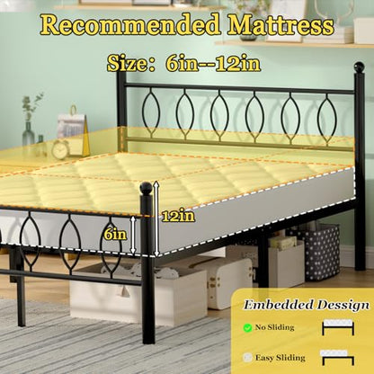Full Size Bed Frame with Headboard, 14 Inch Classic Metal Platform Bed Frame, Under Bed Storage, No Box Spring Needed, Easy Assembly, Black