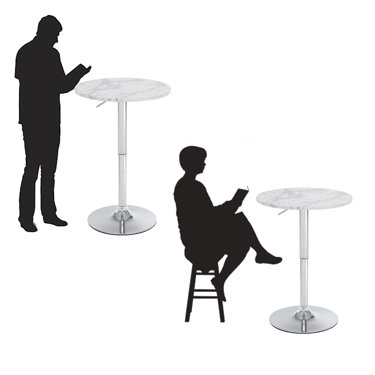 23.6" Round Bar Table, Adjustable Height Bar Table, Modern Cocktail Tables with MDF Top and Metal Base, Bistro Pub Tables Suitable for Cafe, Kitchen Island, Bar Counter, White