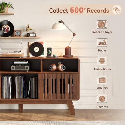 59"Large Vinyl Record Cabinet with Built-in Charging Station,Walnut | Mid Century Modern TV Stand for TVs up to 65", Record Player Table Holds 500+ Vinyl Records, Turntable Stand for Living room
