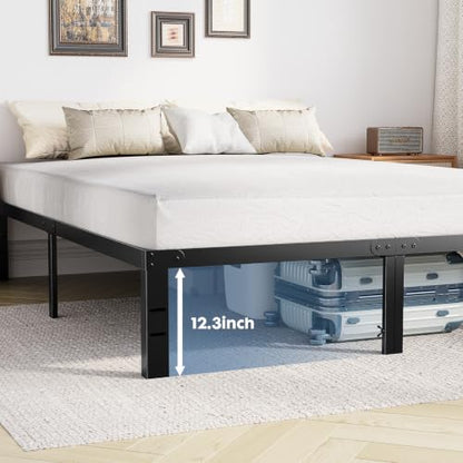 14In Metal Queen Bed Frame with Storage Space, No Box Spring Needed with Sturdy Steel Slat Support, Heavy Duty and Easy Assembly, Platform Bed for Bedroom, Black