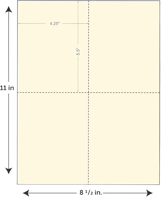 Limited Papers (TM) 8.5x11 Perforated Paper, 20/50 Pound, 75 GSM, Variety of Perforation Sizes and Colors, for Forms, Tickets, Postcards, Business Cards. (Gold, 4 up – 1 Hor. & 1 Ver.)