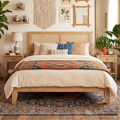 GAOMON Full Size Wood Bed Frame with LED Light and Rattan Headboard
