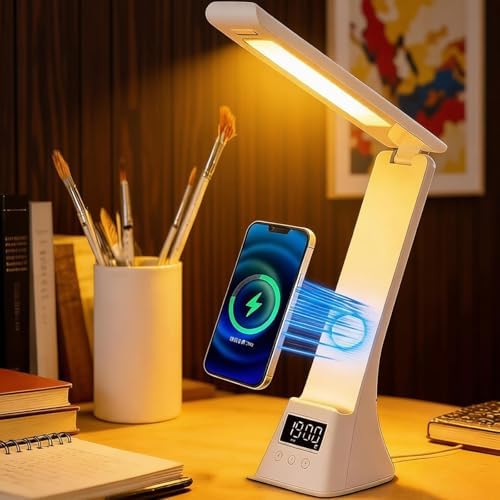 AYI Multifunctional LED Desk Lamp, 10W Wireless Charging Station with Digital Clock & Alarm, Foldable Phone Holder Stand for Bedroom Home Office, TYV-2088 White.