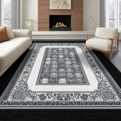 6'x9' Charcoal Gray Cat Motif with Vine Border Washable Area Rug
