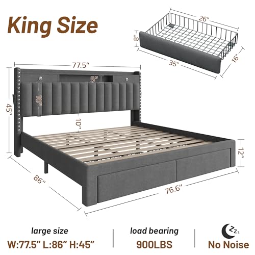 King Size Bed Frame with 4 Storage Drawers and Headboard & Dark Grey