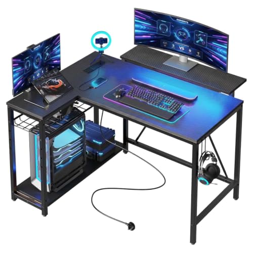 42" L-Shaped Gaming Desk with LED Lights and Power Outlets, Black