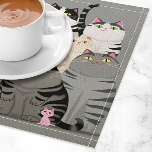 Cute Cats Group Portrait Linen Placemats Set of 1PCS, Heat Resistant Non-Slip Washable Table Placemats for Dining Everyday Use Hotel Banquet Home Decor