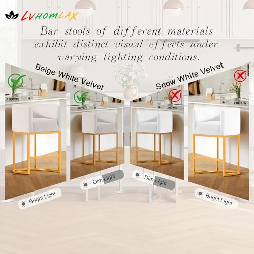 Modern Counter Height Bar Stools,Bar Stools Set of 2,Velvet Fabric Upholstered Barrel Barstools with Backs,26'' Kitchen Island Chairs,Metal Gold Frames,Beige White Velvet