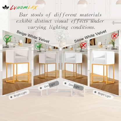 Modern Counter Height Bar Stools,Bar Stools Set of 2,Velvet Fabric Upholstered Barrel Barstools with Backs,26'' Kitchen Island Chairs,Metal Gold Frames,Beige White Velvet
