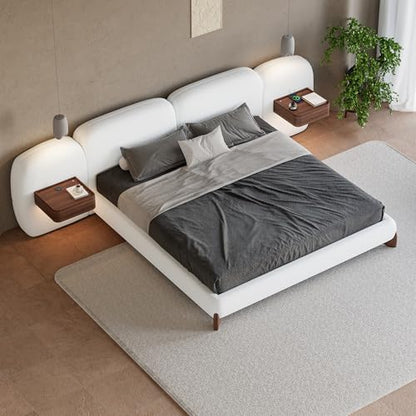 King Size Bed Frame Set with Wide Headboard & Floating Smart Nightstands, Modern Boucle Platform Bedroom Set with LED Sensor Lights, Wireless Charging & Walnut Wood Legs, No Box Spring Needed
