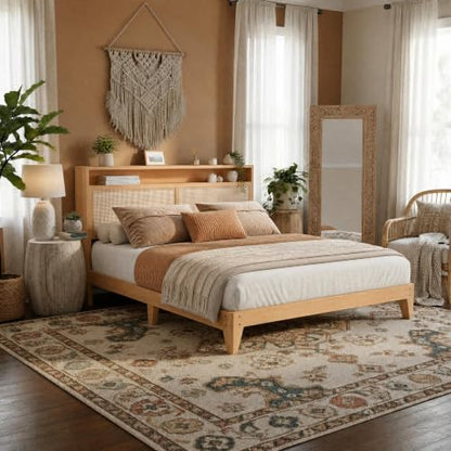 Queen Rattan Bed Charging Station LED Bohemian Bedroom