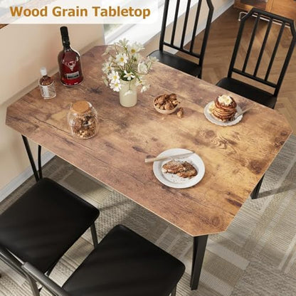 Dining Table Set for 4, Kitchen Table Set of 4 with Upholstered Cushion Chairs, Dining Room Table Set with Kitchen Chairs, Easy to Assemble, Suitable for Apartment - (Rustic Walnut)