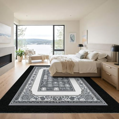 9'x12' Charcoal Gray Cat Motif with Vine Border Washable Area Rug