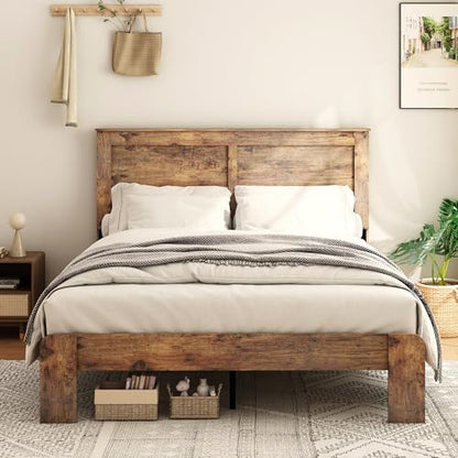 DWOYFO Wood Platform Bed Frame, Queen Bed Frame with Headboard, Dark Brown