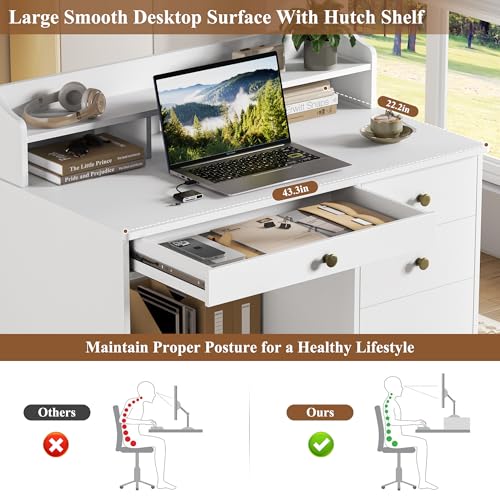 43-Inch White Computer Desk with Hutch and File Drawer