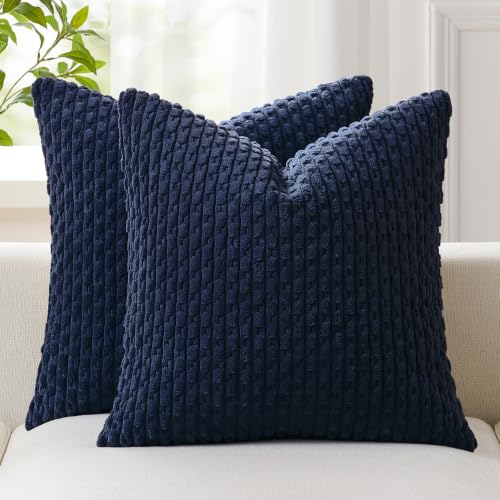 Kevin Textile Soft Corduroy 24x24 Inch Pillow Covers 2 Pack, Navy Blue | Boho Stripe Plush Corduroy Decorative Throw Cushion Euro Pillow Cases Modern Farmhouse Home Decor for Sofa Couch Bed