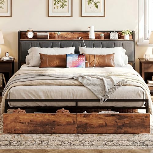 King Size Bed Frame with 2 Drawers and Charging Station | Platform Bed with Upholstered Storage Headboard, No Box Spring Needed, Easy Assembly, Sturdy, Industrial Brown and Gray