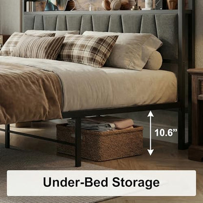 King Size Bed Frame with 2 Drawers and Charging Station | Platform Bed with Upholstered Storage Headboard, No Box Spring Needed, Easy Assembly, Sturdy, Industrial Brown and Gray