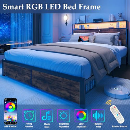Queen Bed Frame with 2-Tier Storage Headboard, Metal Bed Frame with Storage Drawers & Built-in Charging Station & LED, Noise-Free, No Box Spring Needed, Easy Assembly, Rustic Brown