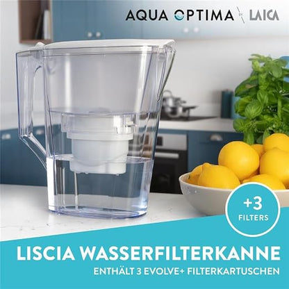 Aqua Optima Liscia Water Filter Jug & 3 x 30 Day Evolve+ Filter Cartridges, 2.5 Litre Capacity, for Reduction of Microplastics, Chlorine, Limescale and Impurities, White (Packaging May Vary)