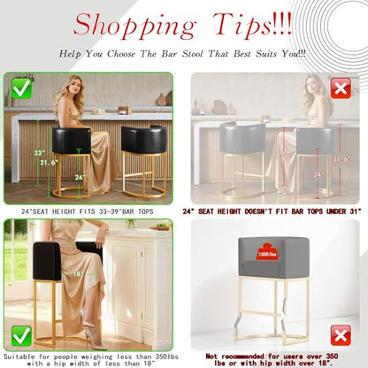 Modern Counter Height Bar Stools,Bar Stools Set of 4,PU Leather Upholstered Barrel Barstools with Backs,24'' Kitchen Island Chairs,Metal Gold Frames,Ink Black Leather