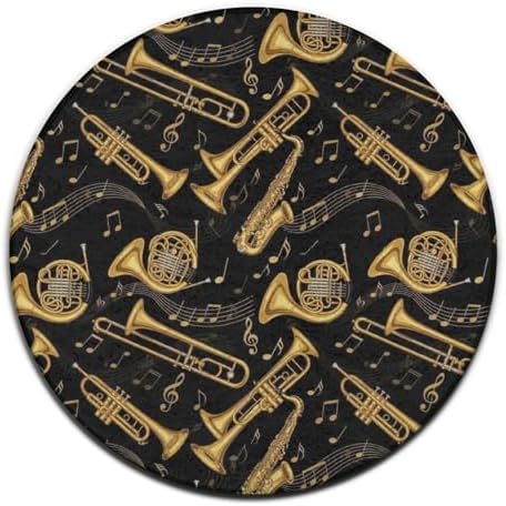Large Round Area Rug Home Decor Modern Bathroom Rug Kitchen Office Circle Rug for Living Room Sofa Circle Cute Mat Gold Trumpet Trombone French Horn Black
