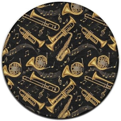 Large Round Area Rug Home Decor Modern Bathroom Rug Kitchen Office Circle Rug for Living Room Sofa Circle Cute Mat Gold Trumpet Trombone French Horn Black